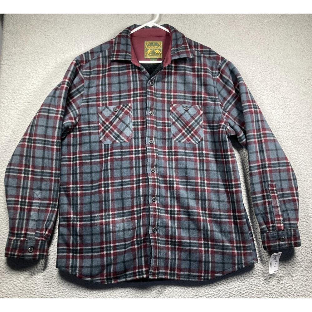 Anchorage Expedition Brand Shirt Jacket Mens L NEW Gray Burgundy Plaid Sherpa